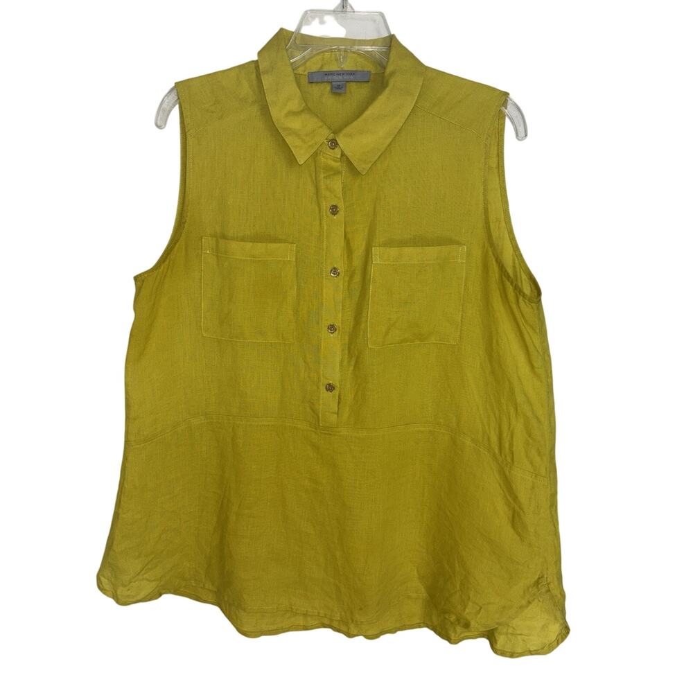 100% Linen Chartreuse Sleeveless Button Tank M Coastal Lagenlook Sustainable